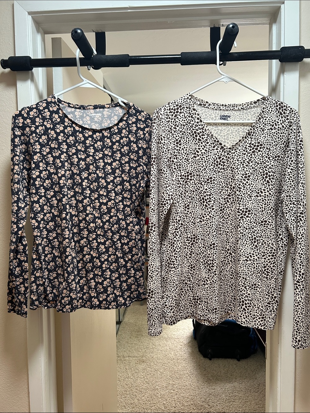 Lands' End Cream and Black Animal Print V-Neck Long Sleeve& Navy Floral Top set